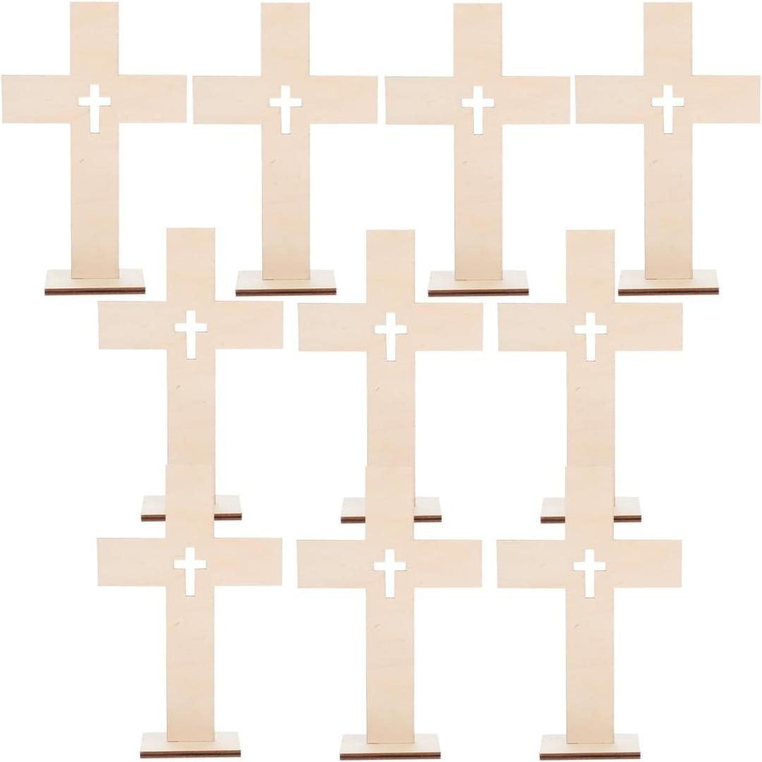Garneck 10pcs Wooden Crosses for Crafts 6.6inch Unfinished Standing Crosses with Bases Tabletop Small Religious Crucifix Ornaments Catholic Baptism Centerpiece DIY Craft Supplies
