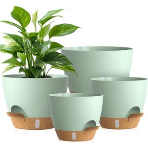 Plant Pots, 4 Pack 12/10/9/8 Inch Self Watering Pots with Drainage Holes, Water Level Indicator Deep Reservoir, Large Planters for Indoor Outdoor Plants - Green Brown