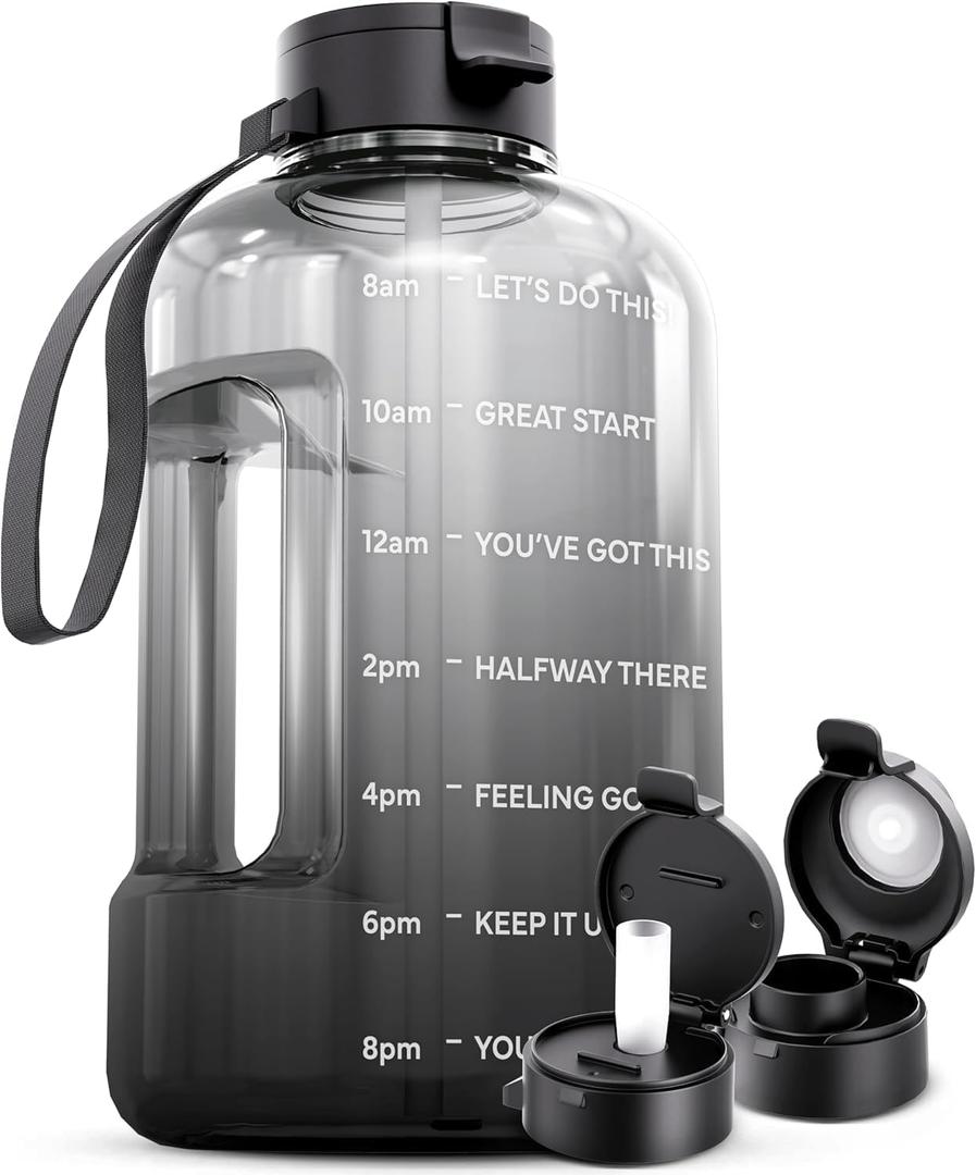 AQUAFIT 128 oz Water Bottle with Time Marker - Straw & Chug Lid - BPA Free 1 Gallon Gym Water Bottle with Handle - Big Gallon Jug (Midnight Gray, 128 Ounces)