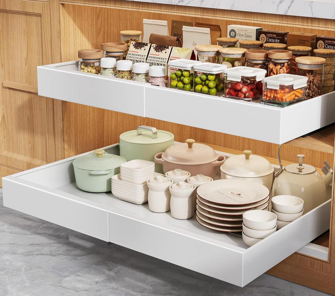 2 Pack Pull Out Cabinet Organizers 21" Deep With Raising Pad for Framed Cabinets, Expandable Width (15.2"-26.3") Slide Out Drawers Upgrade 3 Slide Rails, Roll Out Shelves Adhesive, White