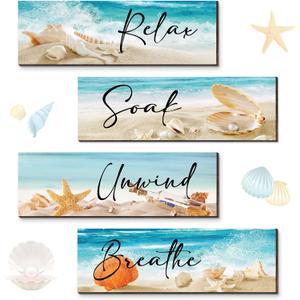 Yulejo 4 Pieces Ocean Beach Bathroom Wall Decors Wood Relax Soak Unwind Breathe Art Sign Hanging Seashell Starfish Wooden for Living Room Laundry Spa Washroom
