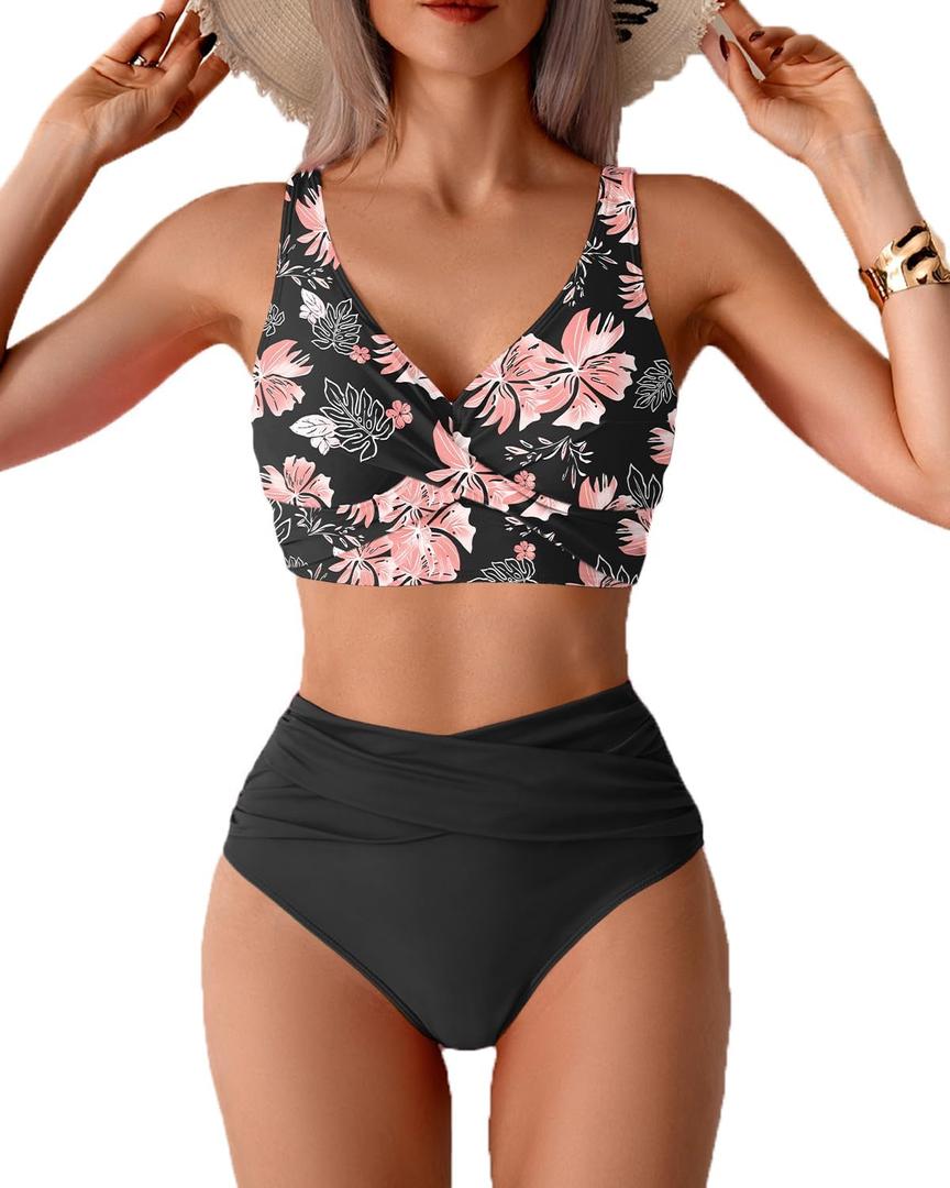 Fanuerg Women High Waisted Bikini Sets V Neck Cross Twist Front Two Piece Swimsuit Tummy Control Bathing Suit (X-Large, Black Floral)