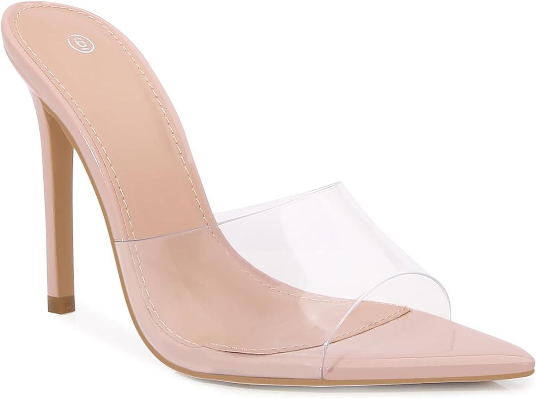 Women Clear Pointed Toe Sandals Stiletto Heels Transparent Strap High Heels Slip on Mules for Women (6, Nude)