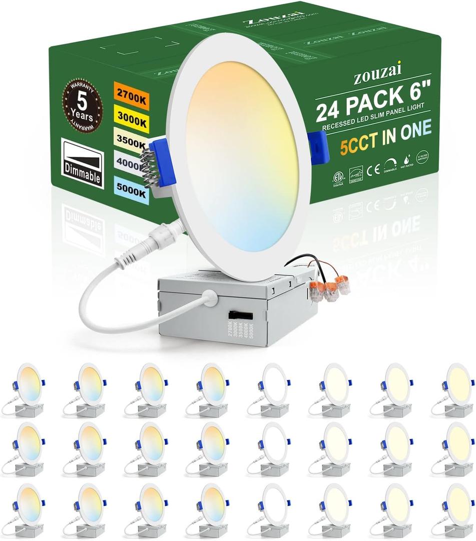 zouzai 24 Pack 6 Inch Ultra-Thin LED Recessed Ceiling Light with Junction Box 5CCT Adjustable Dimmable Can-Killer Downlight - ETL and Energy Star Certified (24 Pack,5CCT, 6 Inch)