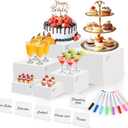 6 Pcs White Acrylic Buffet Risers with Mini Sign and Maker, Food Display Stands for Buffet Table Party Catering Dessert Jewelry Collectibles,Nesting Cube Boxes with Hollow Bottoms (8",7",6",5",4",4")