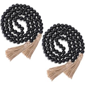 Geetery 2 Pcs 58'' Bead Garland with Tassels, Rustic Country Decor, Boho Wall Hanging for Farmhouse Style, Versatile Prayer Beads for Home, Table, or Wall Decoration (Black)