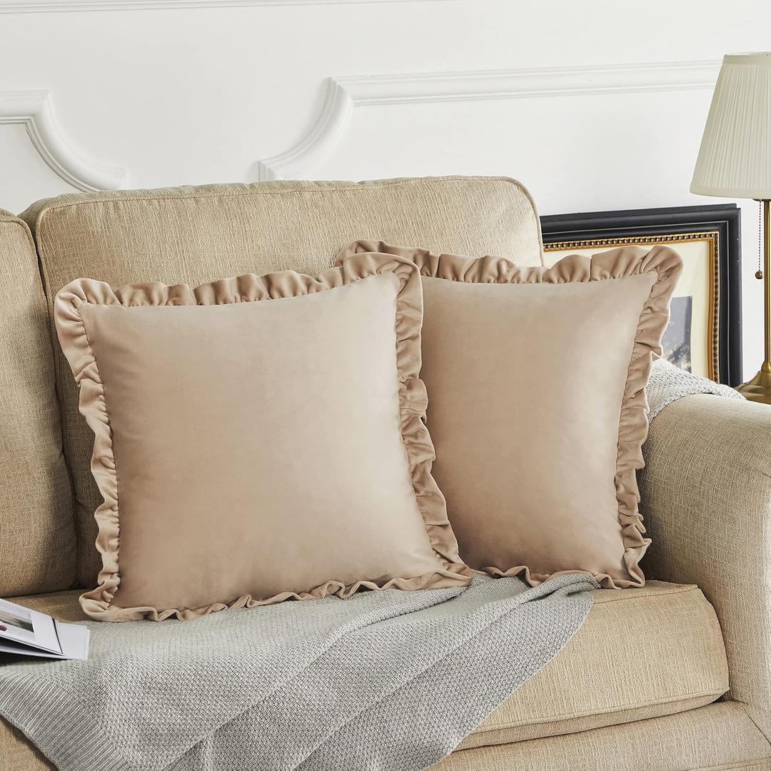 GIGIZAZA Champange Decorative Throw Pillow Covers, 20x20 Velvet Ruffle Cushion Pillow Covers for Sofa Couch Set of 2 (Champagne)