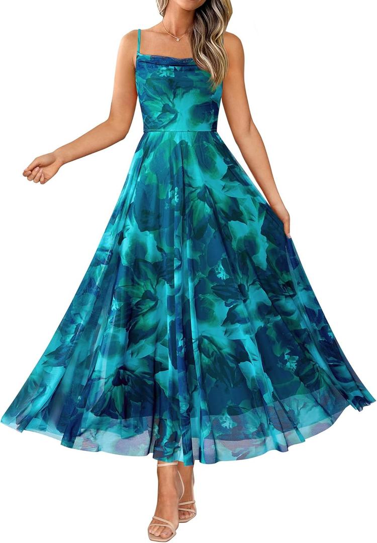 BTFBM Women Summer Floral Maxi Dresses Elegant Spaghetti Strap Dress Printed Party Dress Beach Long Dresses (Small, Floral Lake Blue)