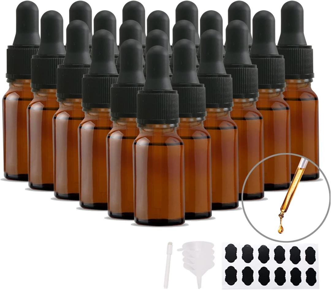 48 Pack 10 ml (1/3 oz) Glass Dropper Bottles for Essential Oil, Amber Round Glass Boston Bottle With Black Eye Dropper for Massage Oil, Empty Refillable for Travels