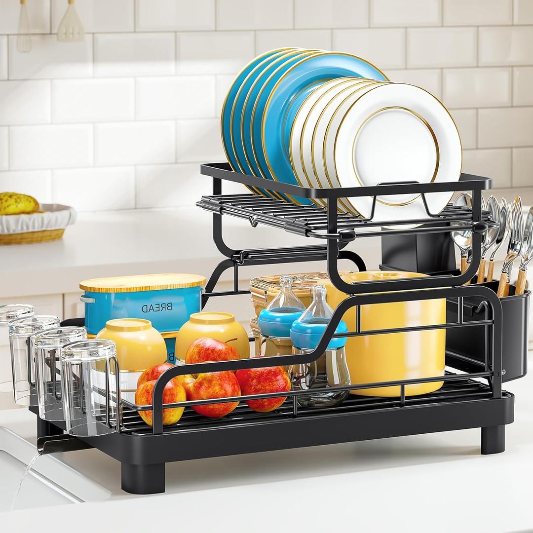 Dish Rack for Kitchen Counter, Large Capacity Dish Drying Racks with Drainboard, Kitchen 2 Tier Over Sink Dish Rack, Countertop Dish Drainer Rack with Removable Cup&Cutlery Holders, 15.7"x12.2"x11.6" (Black)
