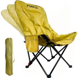 Adjustable Portable Folding Camping Chair with High Back, Side Pockets, Headrest, Lightweight Lawn Chair for Outdoor Camping, Beach, Leisure and Adults (Khaki Cotton Thickened)