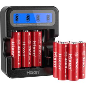 Hixon Rechargeable Lithium AA Batteries,8Pack 1.5V Li-ion Batteries with 2H Fast LCD Charger,3500mWh High-Capacity Long-Lasting Constant Output for Xbox/VR,Blink,Smart Lock,etc.