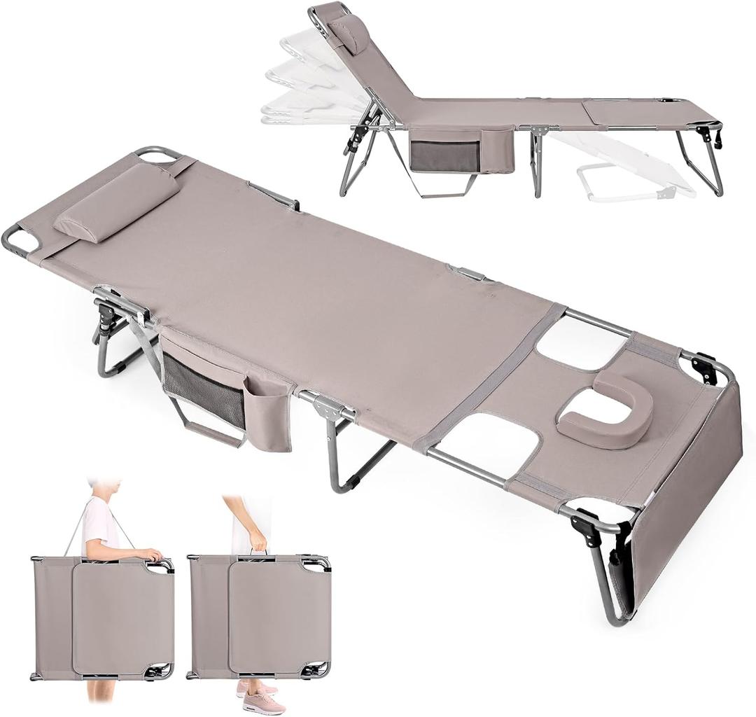 Tanning Chair with Face Hole, Folding Chaise Lounge Chair, Heavy Duty Outside Lay Flat Portable Face Down Tanning Chair with Arm Hole for Reading Beach Poolside Patio Sunbathing Lawn Camping, 300 LBS (Standard_beige_1 Pcs)