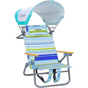 5-Position Reclining Backpack Beach Chair with Canopy Headrest Cooler Bag Cup Holder Towel Bar Storage Pouch Wooden Armrests Aluminum Frame Supports 400 lbs Foldable for Adults Camping Travel