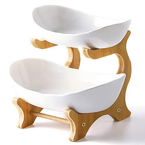 2 Tier Ceramic Fruit Bowl With Bamboo Wood Stand for Kitchen Counter,Porcelain Fruit Basket for Vegetable Storage,Snack Dessert Cake Tray Plate Rack for Party Wedding - White