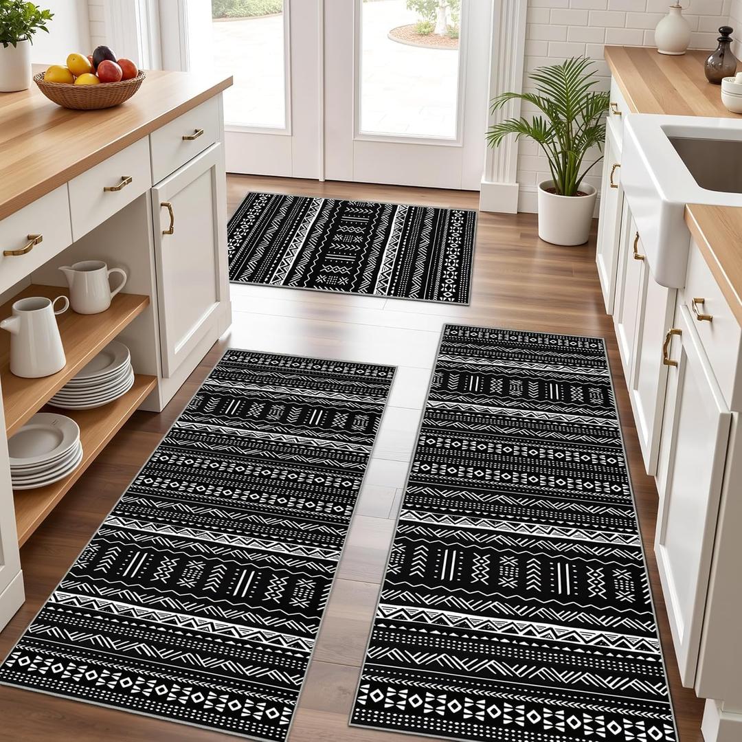 Kitchen Rugs Sets of 3 Kitchen Mats 3 Piece Set Kitchen Runner Rugs Non Skid Washable Boho Kitchen Rug Set Carpets for Laundry Room (Black)
