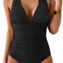 Eomenie Women's One Piece V Neck Halter Swimsuits 2025 Tummy Control Slimming Bathing Suit Push Up Color Block Swimwear M