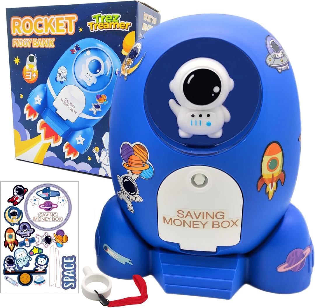 Rocket Ship Piggy Bank for Boys Money Safe Astronaut Piggy Banks for Kids Cash Coin Can ATM Bank Coin Money Bank for Kids with Key Astronaut Sticker Practical Gifts for Children Boys and Girls (Blue)