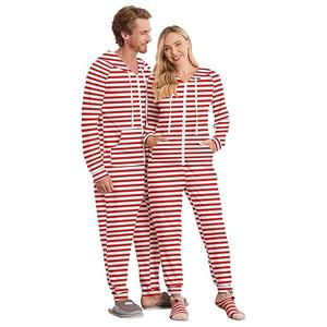 Ekouaer Christmas Onesie for Couples Zipper Hooded Adult Matching Onesie Pajamas with Pockets Women Red White Stripes Small