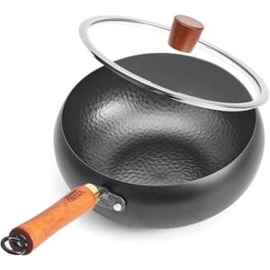 9.4 Inch Carbon Steel Wok with Glass Lid, Big Belly Flat Bottom Stir Fry Pan, Coating-Free Compact Wok Pan for Gas, Electric, Ceramic & Induction, 3.5 QT for 13 Servings