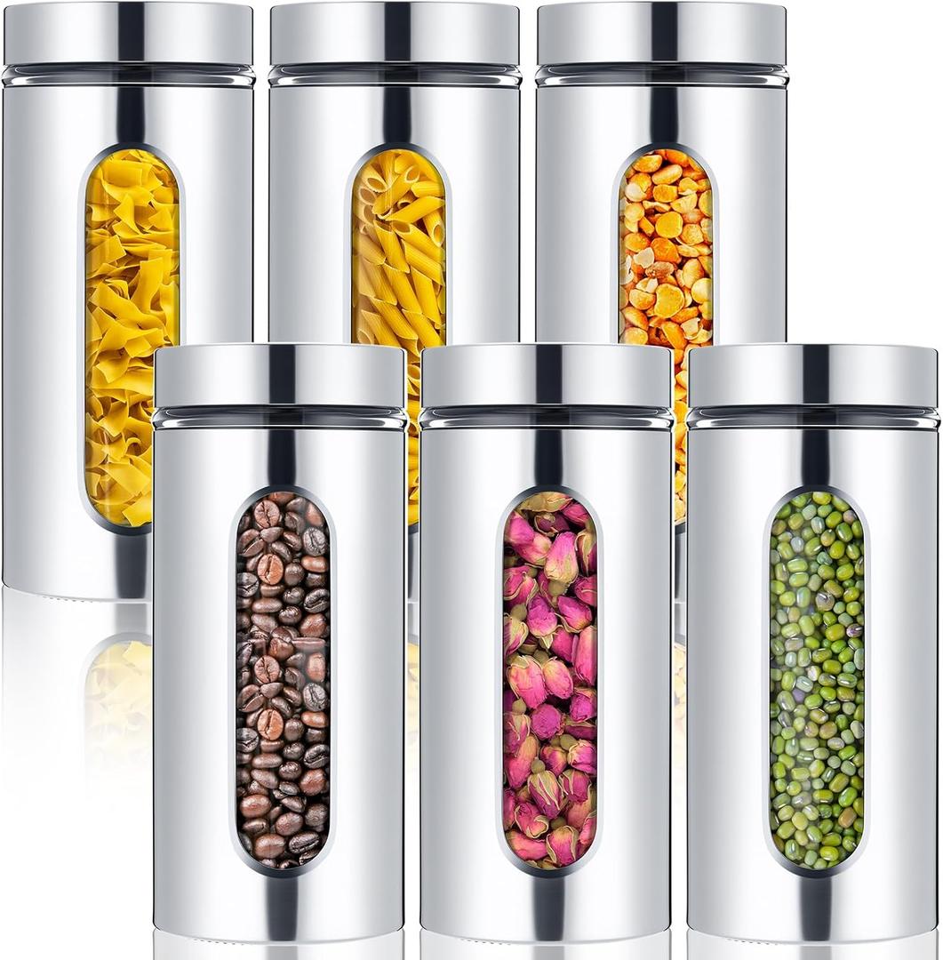 Mimorou 6 Pack Kitchen Canisters Set Airtight Coffee Sugar Tea Candy Storage Jars with Window Glass Stainless Steel Containers with Lids for Flour Cookies Spices Grains Kitchen Decorations(44 oz) (silver)