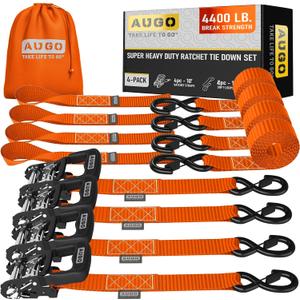 AUGO Heavy Duty Ratchet Straps & Soft Loops  Pack of 4 Extra Strong 1.5 by 10 Ratchet Straps w/S-Hook Safety Latches & 4 Soft Loop Tie Downs  4400Lb Break Strength for Motorcycles, ATVs, Etc. (Orange)