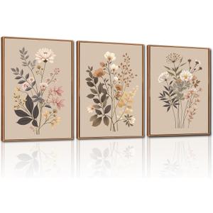 CHDITB Vintage Flower Framed Canvas Wall Art Set, Large Neutral Wildflowers Wall Decor, Farmhouse Floral Artwork Botanical Poster, Modern Art Prints for Living Room Bedroom Office Size 16"x24"
