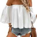 SweatyRocks Women's Sexy Cute Off Shoulder Ruffle Hem Flowy Chiffon Blouses Top (Large, White)
