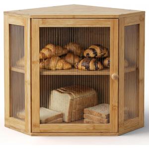 Corner Bread Box for Kitchen Countertop: Bamboo Storage Container for Homemade Bread, Two Layer Breadbox under Cabinet Mount, Large Bread Holder for Kitchen Counter, Pantry Shelf, Mini