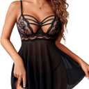 Avidlove Women Lingerie Lace Babydoll Sexy Chemise Nightwear Teddy V Neck Sleepwear Boudoir Outfits (Black) M