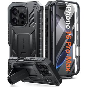 FNTCASE for iPhone 16 Pro Max Case: Military Grade [Built-in Screen Protector] [Kickstand] Matte Textured Drop Proof Protection Cover | Rugged Shockproof TPU Protective Sturdy Phone Cases - Black