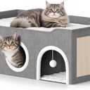 All-in-1 Extra Wide Cat House,Top Bed Three Rooms Cat Condos,Cat Beds for Indoor Cats,Multi Cats Puppy Family with Fluffy Ball Hanging and Scratch Pad, Foldable Hideaway