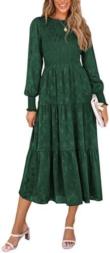 PRETTYGARDEN Women's Fall Spring Midi Dress Long Sleeve Floral Smocked Elegant Wedding Guest Long Flowy Dresses with Pockets Size L