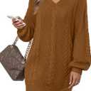 Women's Pullovers Jumper Sweaters Lantern Sleeve Casual V Neck Fall Knit Mini Sweater Dresses (Caramel)