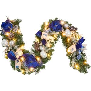 Pre-Lit Christmas Garland with Christmas Tree Icon Ribbon and Magnolia, 25 LED Lights with Timer, 6ft Lighted Silver Blue Garland for Front Door, Mantel, Holiday Decoration, Magnolia Winter Decor