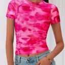 2 x BTFBM Womens Sheer Mesh Summer Tops 2025 Crewneck Short Sleeve Print Ruched Crop Top Slim Fit Club Going Out T Shirts (Pink, S)