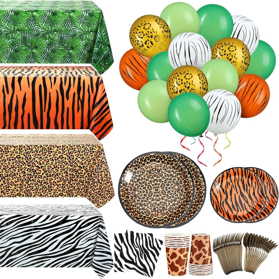 Jerify 169 Pieces Jungle Safari Zoo Animal Print Birthday Party Supplies Including Paper Plates Leopard Giraffe Cups Napkins Jungle Tablecloth Cheetah Table Cover Balloons Spoons Fork Party Decoration