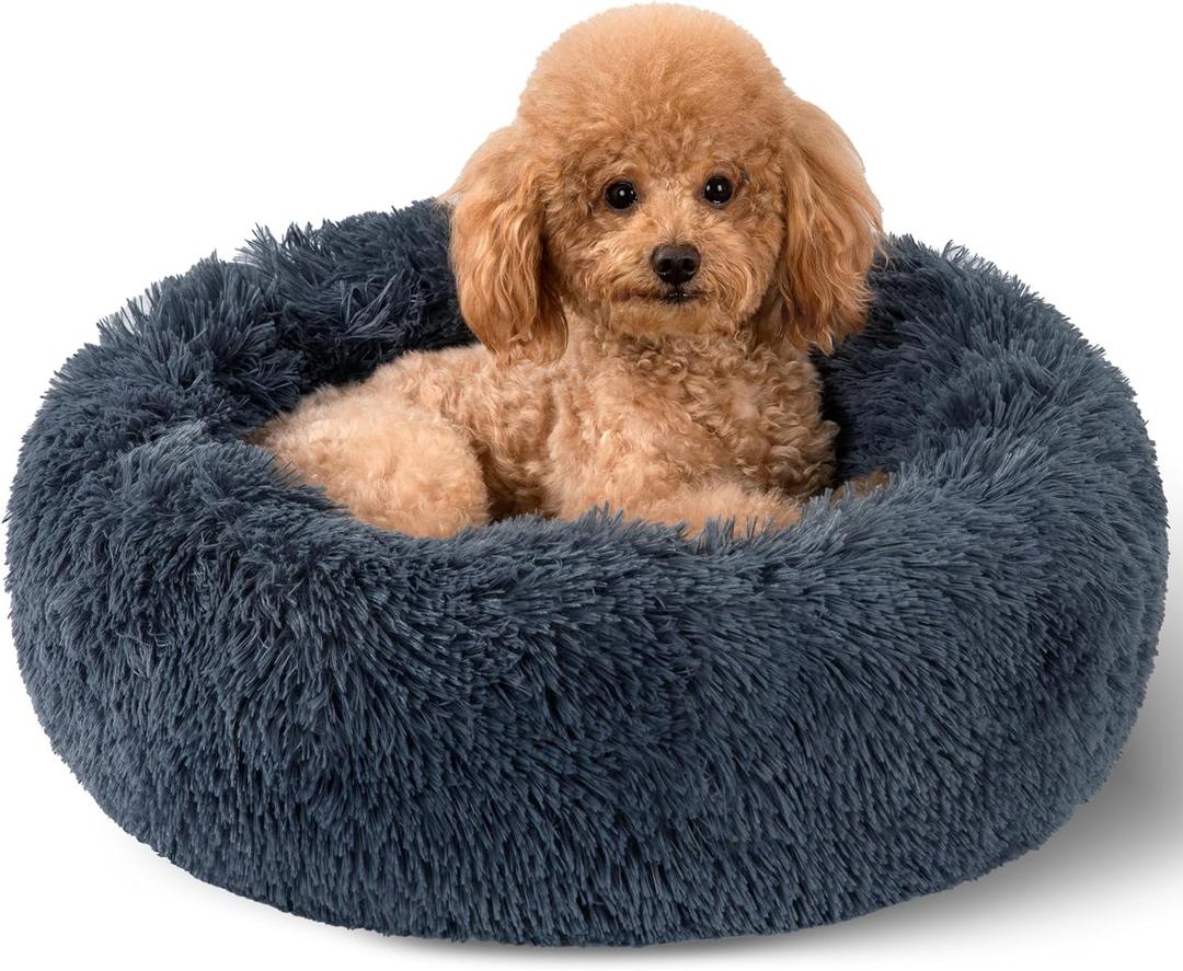 Dog Calming Beds for Small Dogs - Round Donut Washable Puppy Dog Bed, Anti-Slip Faux Fur Fluffy Donut Cuddle Anxiety Cat Pet Bed(20" Dark Grey)