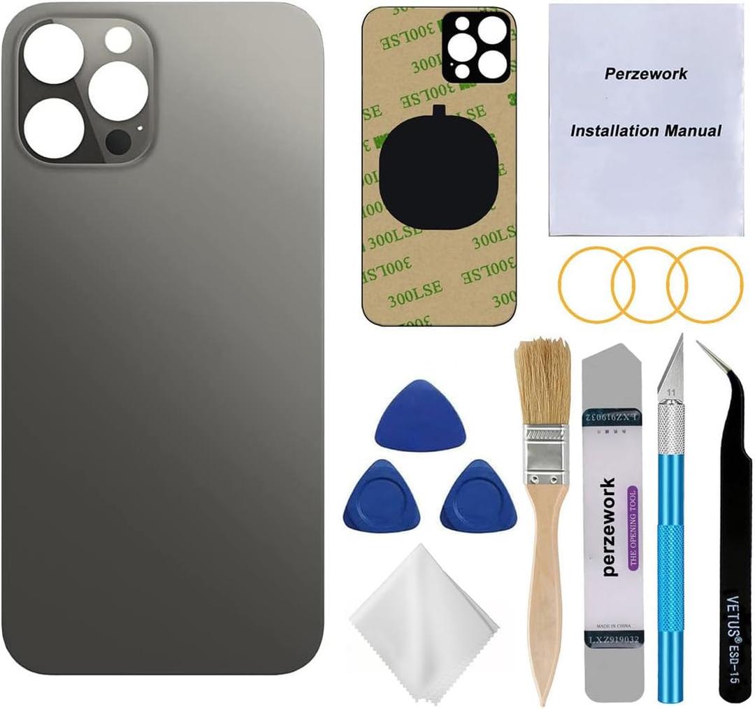 Back Glass Replacement (Graphite) Compatible with iPhone 12 Pro Max 6.7 inches All Carriers with Pre-Installed Adhesive and Repairing Tool Kits