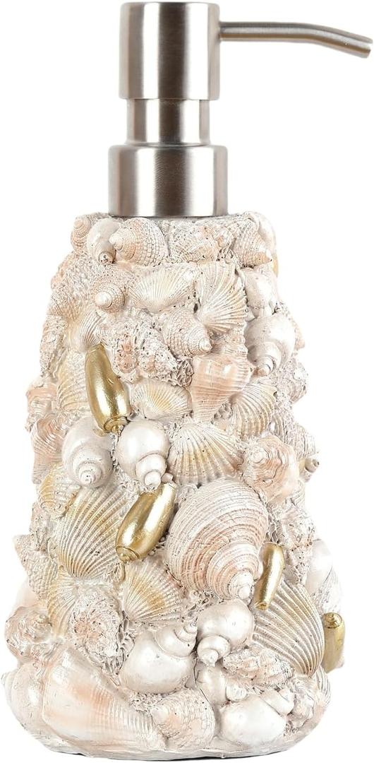 Seashell Resin Soap Dispenser - 14oz Creative Beach Handmade Shell Shaped Refillable Lotion Bottle for Bathroom, Vanity or Kitchen Counter Decor
