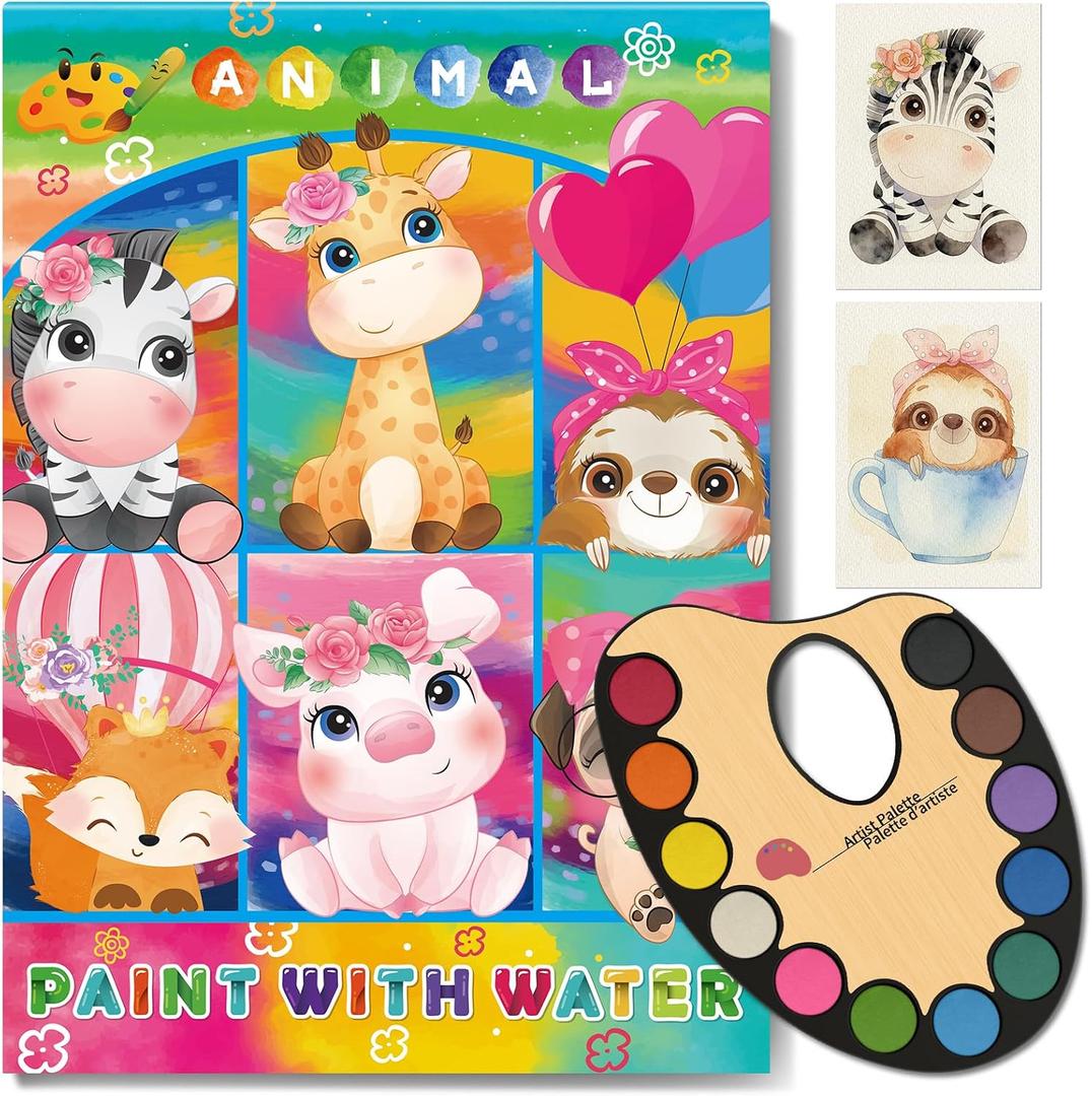 2 x Elfew Paint with Water Coloring Books for Kids 3-8, No Bleed Watercolor Painting Book for Toddlers, 12 Colors Paint Set, 15 Animal Designs, 200GSM Thick Paper, Travel Art Kit for Kids 4-6