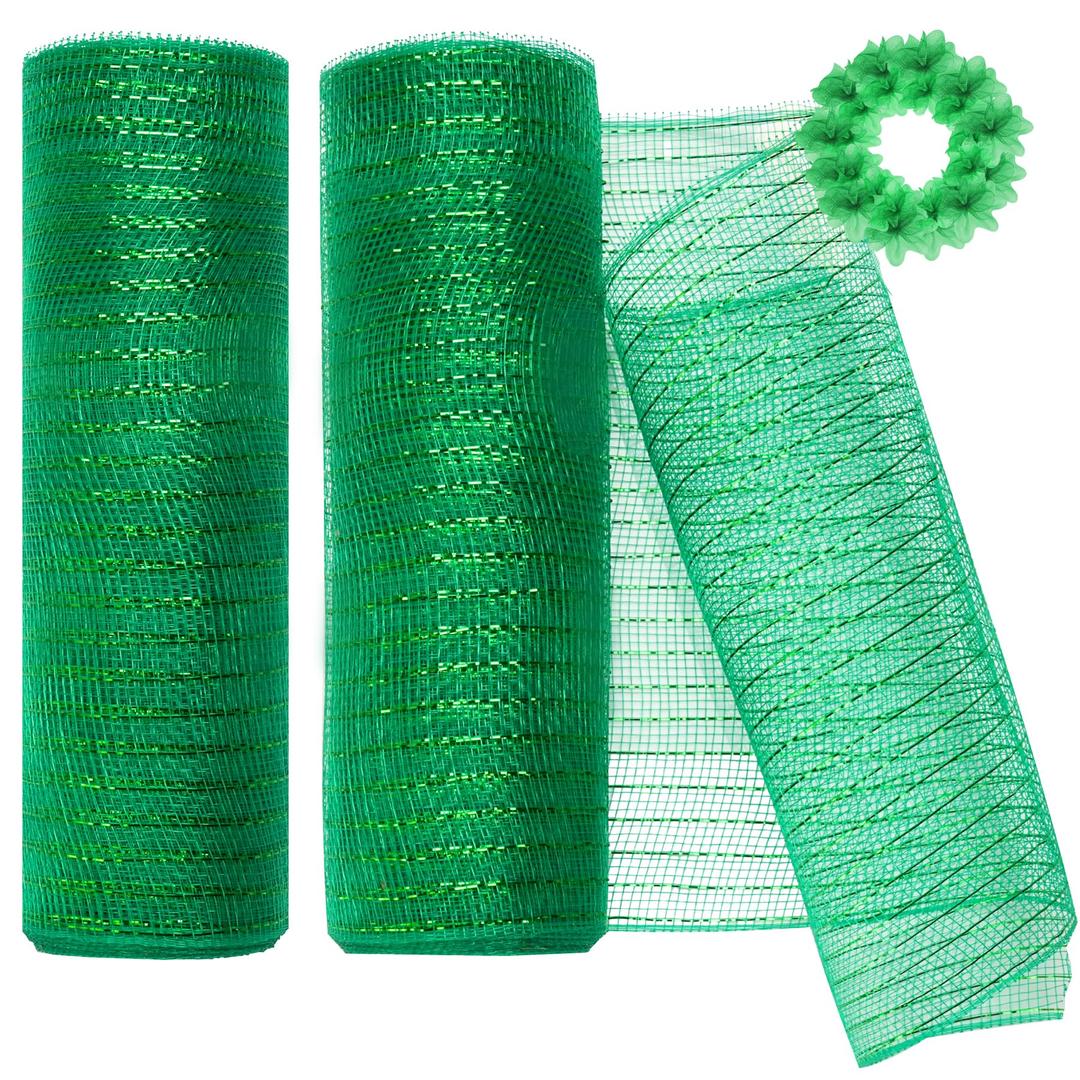 2 Rolls Christmas Mesh Ribbon 10 inch 30ft, Metallic Foil Deco Mesh, Ribbon for Wreath Christmas Tree Thanksgiving Fall Halloween Decorative Mesh Fabric Red and Green