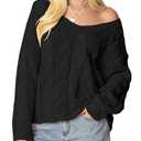 ZAFUL Womens V Neck Off The Shoulder Sweater Long Sleeve 2025 Oversized Cable Knit Casual Pullover Tops Black S