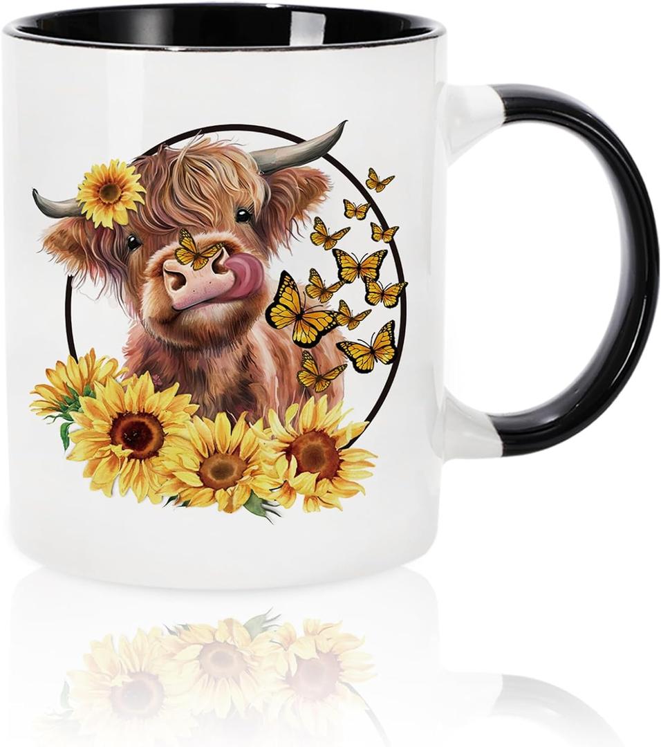 Whaline Highland Cow Mug Spring Cow Sunflower Coffee Mug Autumn Farmhouse Party Ceramic Cup for Home School Office Table Centerpieces Housewarming Gift, 12oz