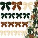 24Pcs Velvet Bows for Christmas Tree, Brown Beige Green Bows Christmas Decorations with Twist Tie, Bulk Vintage Velvet Ornaments for Wreath Garland Gift Wrapping Wedding Champagne Parties 3.5"x3.5"