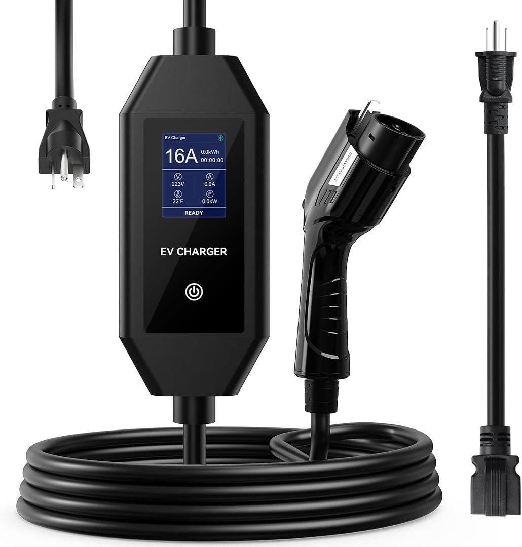 16 Amp Level 1/2 EV Charger, 110V-240V, with NEMA 6-20 Plug/5-15 Adapter | with 25ft Cable, Portable EV Charger, J1772 Charger Compatible with All EVs