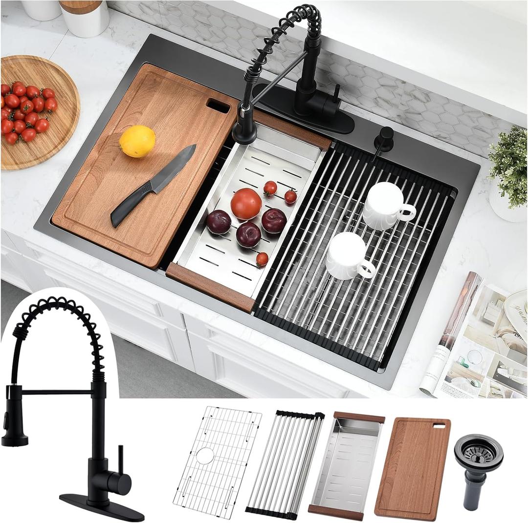 33x19 Black Drop In Kitchen Sink with Faucet - 33 Inch Drop In Kitchen Sink Workstation, 10 Inch Deep Black Stainless Steel Single Bowl Sinks with Accessories