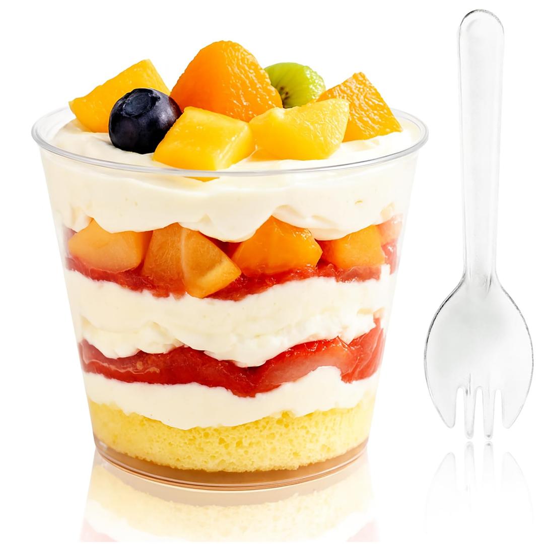 5 oz Dessert Cups with Lids and Spoons, 250 Pack Mini Transparent Appetizer Cups, Square Dessert Shooters Round Goblet Cups for Parfait Fruit Ice Cream Cake