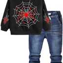 Boys Pullover Hoodie and Denim Jeans Outfits Set -2 Piece Spider Web Sweatshirt and Pants for Kids 9-10Y (51-54 IN), Black