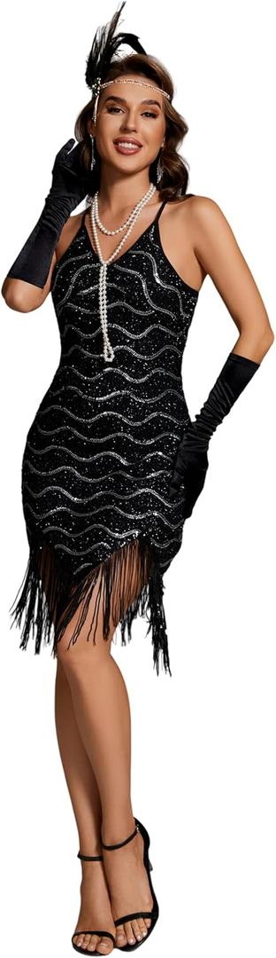 Women's 1920s Flapper Sequin Dress for Great Gatsby Theme Party Dress With Roaring 20s Accessories Set for Party (Large, Black)